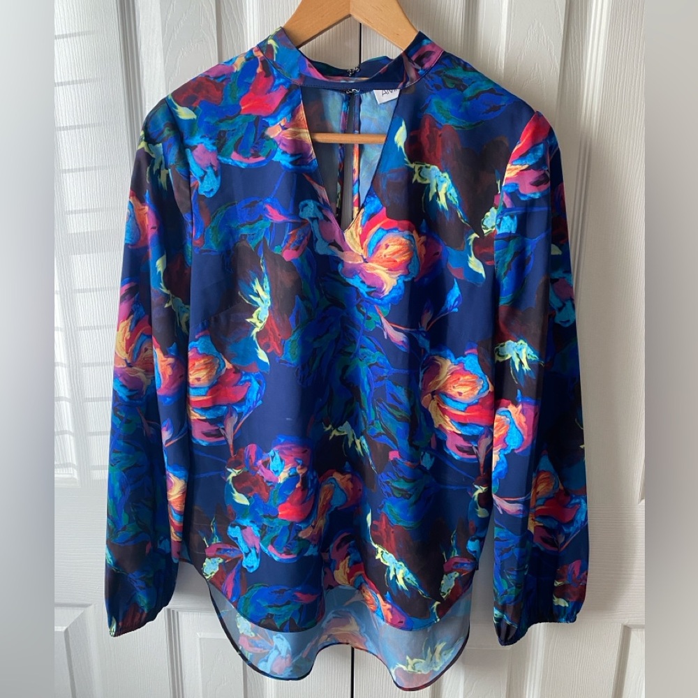 AMANDA U. Blue‎ Watercolor Floral Keyhole Neckline Long Sleeve Blouse SZ L